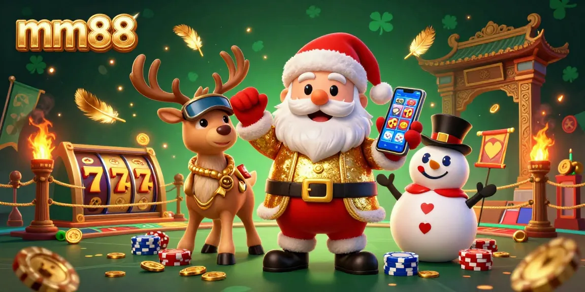 Spin for big wins with mm88 in a vibrant casino scene featuring Santa and friends!