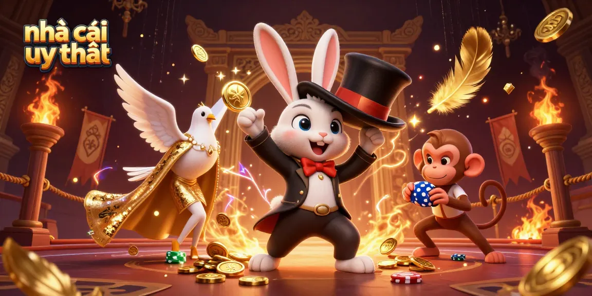 Engage with top-rated nhà cái uy tín while the magician rabbit conjures golden coins, set in a vibrant casino atmosphere.