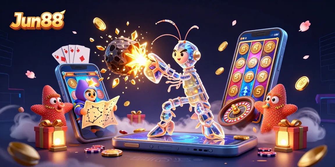 Engage in thrilling gaming activity at Jun88 with an exciting 3D scene featuring vibrant casino elements and characters.
