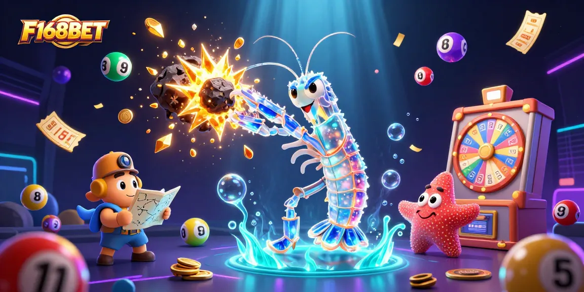 Experience dynamic gaming action with F168BET as the galactic samurai mantis shrimp punches through an asteroid, surrounded by colorful casino elements.