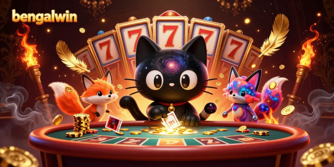 Bengalwin casino illustration featuring a black hole cat and a nebula fox in a dynamic cosmic setting, showcasing excitement and allure of online gaming.