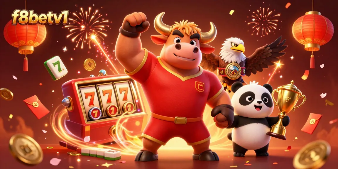 Experience winning with f8betv1 as a cartoon bull mascot, eagle, and panda celebrate in vibrant casino style.