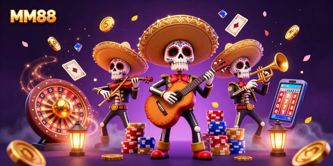 Experience MM88 with a dynamic 3D illustration of Day of the Dead mariachi band amidst a vibrant casino scene.
