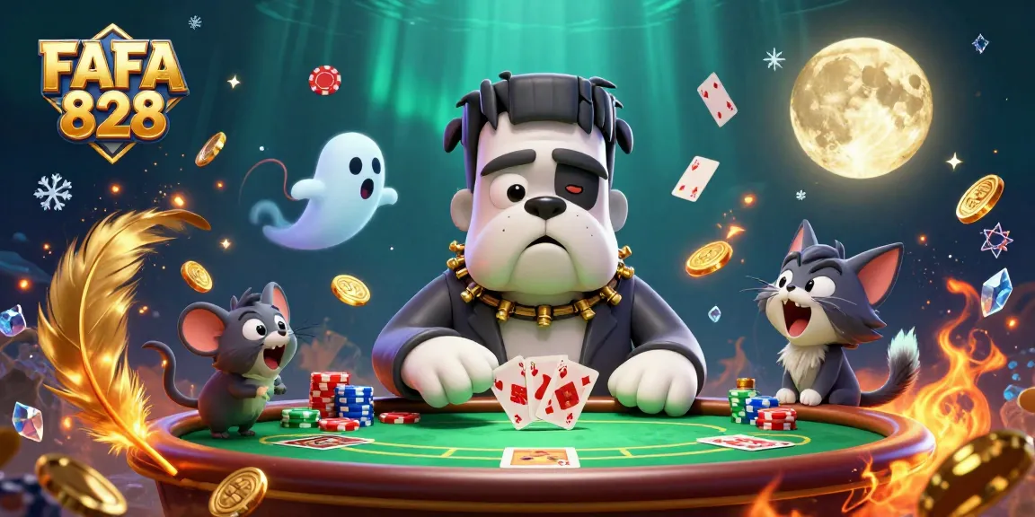 Engage with FAFA 828 as a lively cartoon bulldog dealer and friends at a poker table.