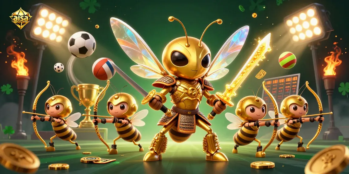 Aisa themed illustration of a samurai hornet in action with sports balls and golden trophies