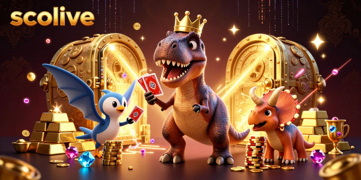Socolive offers thrilling live sports viewing with a dynamic illustration of a friendly T-Rex shuffling cards.