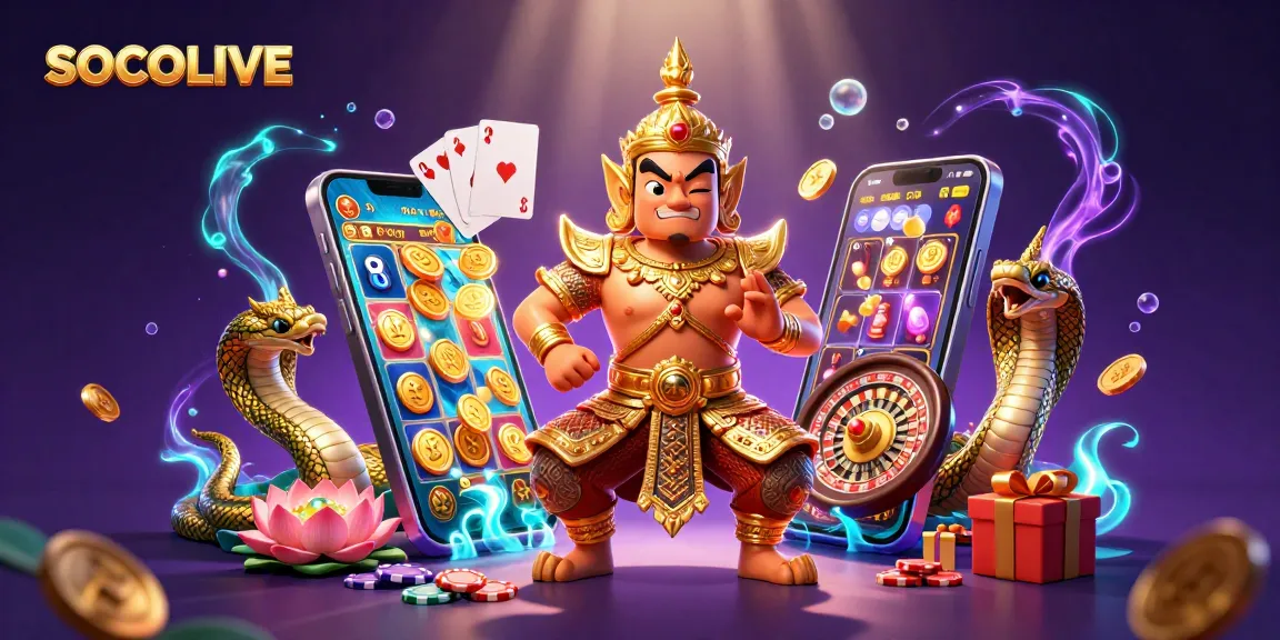 SOCOLIVE engages players with vivid 3D illustration showcasing a guardian and gaming elements in a vibrant online casino.