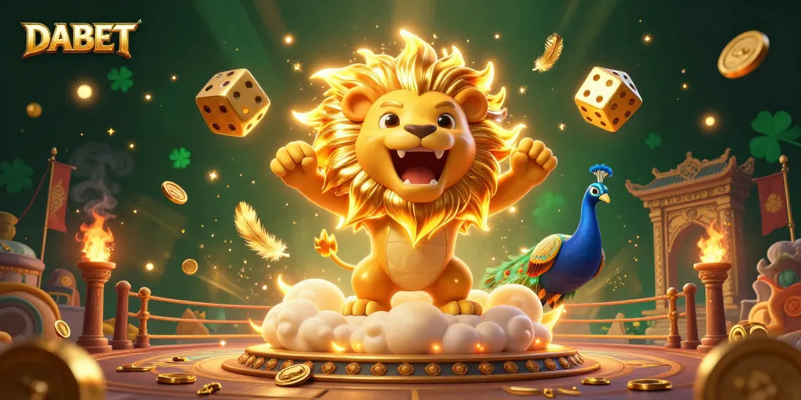 DABET casino scene showcasing a roaring sun lion with golden mane, golden dice, and casino elements