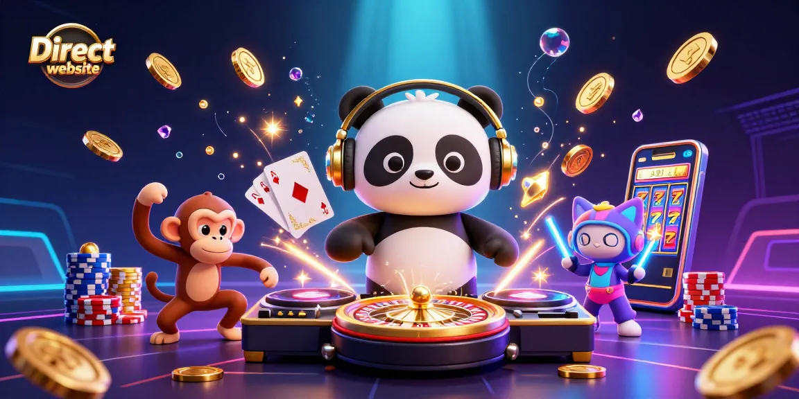 Direct website showcases fun with animated DJ panda, breakdancing monkey, and rave kitten in vibrant casino scene.