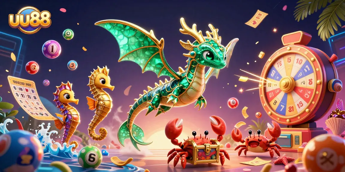 Win big with uu88's vibrant lottery scene featuring a sea dragon and colorful game elements!