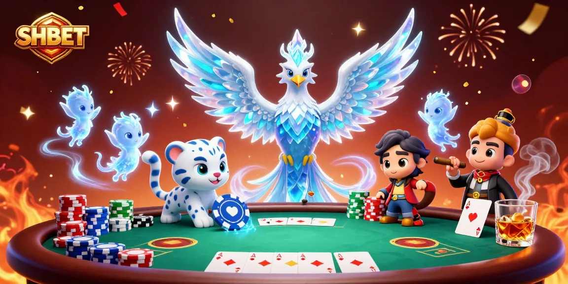 Win big with SHBET as the ice phoenix and cub interact at a vibrant poker scene.