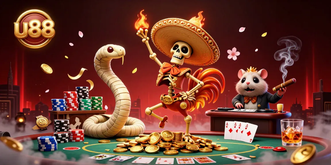 Engage in winning strategies at u88 with a dynamic gambling scene featuring lively characters and casino elements.