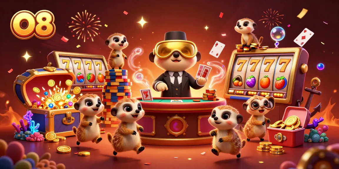 O8 meerkats engage in vibrant casino activities while winning big on the slot reels.