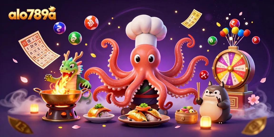 Alo789a celebrates immersive gaming with a vibrant octopus chef and magical dragon amidst dynamic lottery elements.