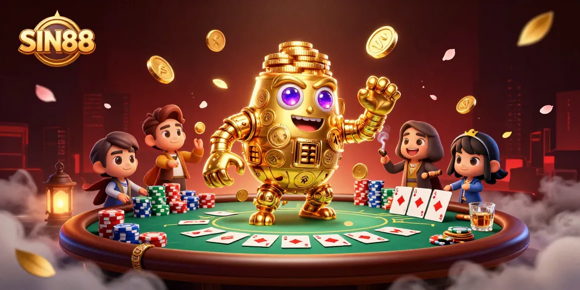 SIN88 transforms the gambling scene with a golden golem surrounded by dynamic poker action.