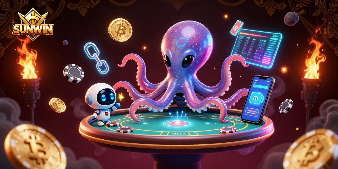 SUNWIN alien octopus playing poker with a robot, surrounded by vibrant cryptocurrency elements.