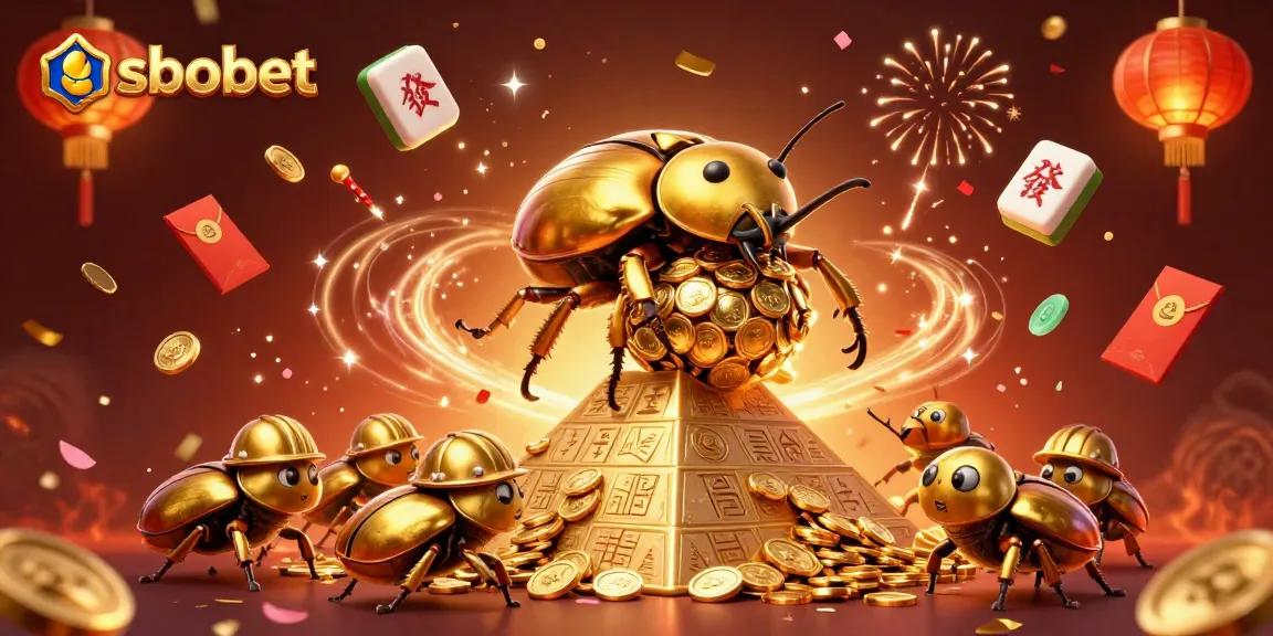 Experience sbobet's thrilling excitement with a 3D illustration of golden beetles and casino symbols.