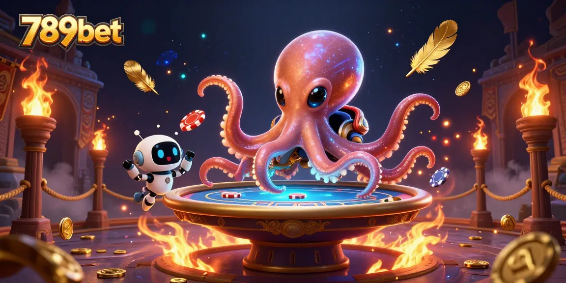 Experience thrilling gameplay with 789bet as the alien octopus hosts a poker game in a vibrant cosmic arena.