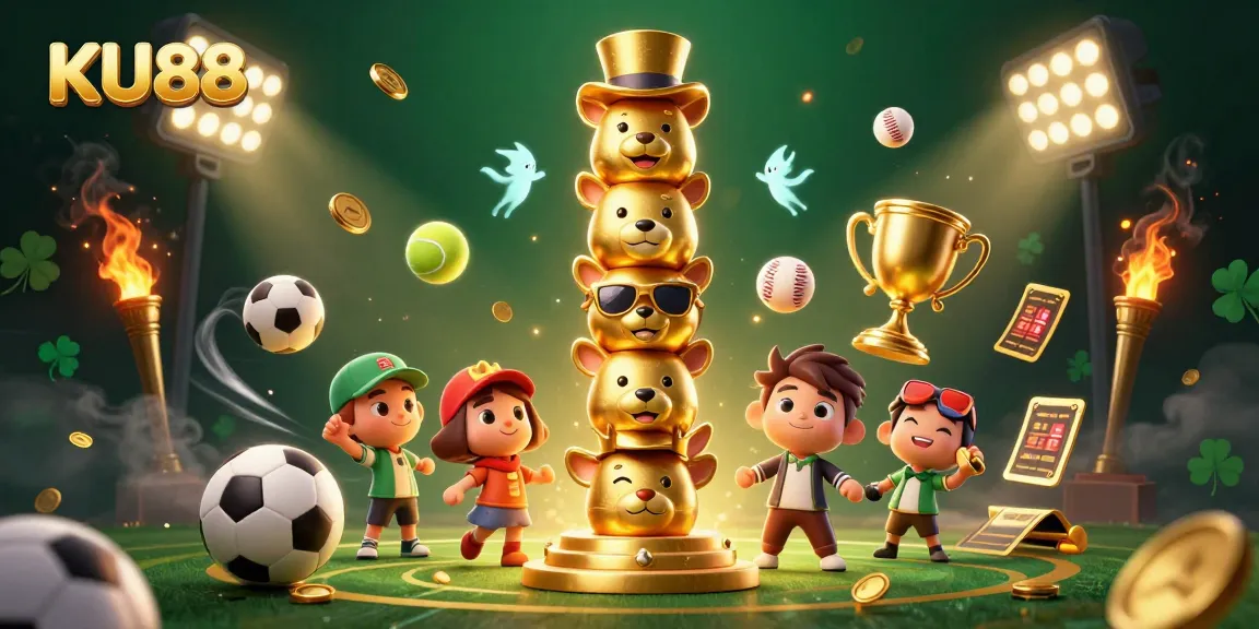Engage in vibrant casino adventures with KU88, featuring dynamic sports elements and a golden totem.