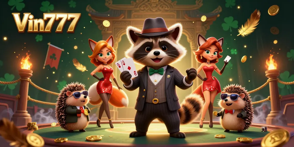 Engage with Vin777 in the vibrant casino scene featuring raccoon, fox, and hedgehog characters.
