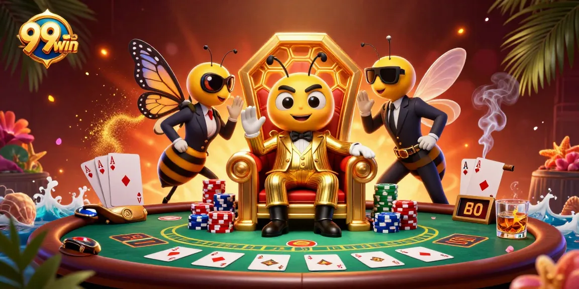 Engage with 99win as bumblebee mob boss dominates a vibrant casino scene full of energy.