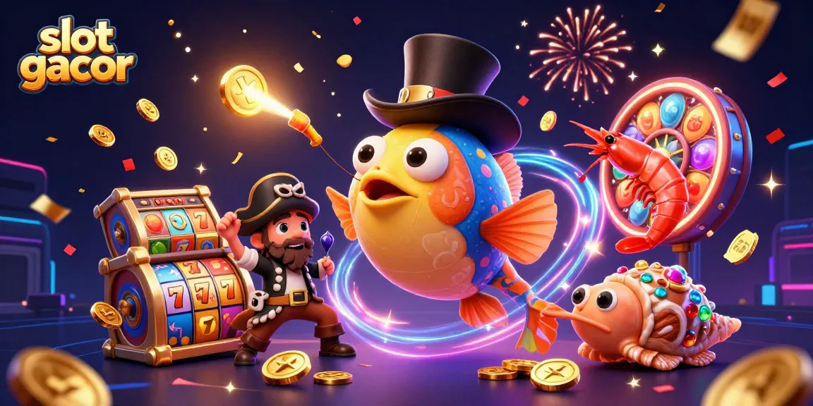 Spin and win with slot gacor, featuring a cartoon anglerfish and pirate shrimp amidst dynamic gaming elements.