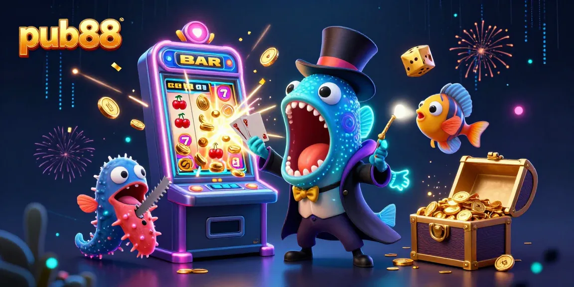 Experience thrilling gaming with pub88 as a bioluminescent eel performs card tricks amidst a vibrant casino scene.