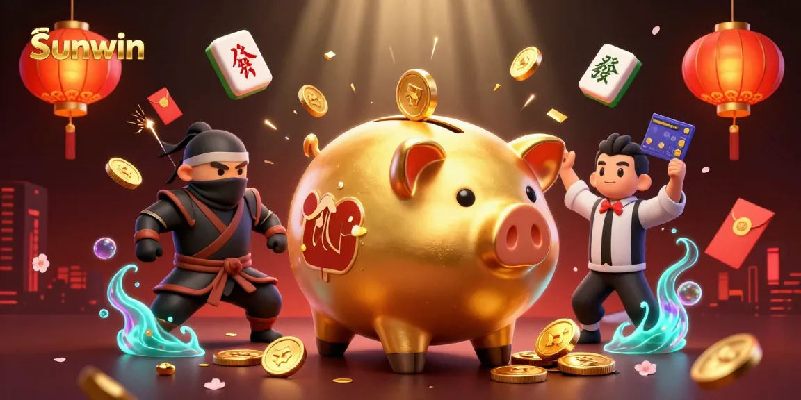 Experience thrilling moments at Sunwin's virtual casino with a sumo wrestler mascot amidst colorful gaming elements.