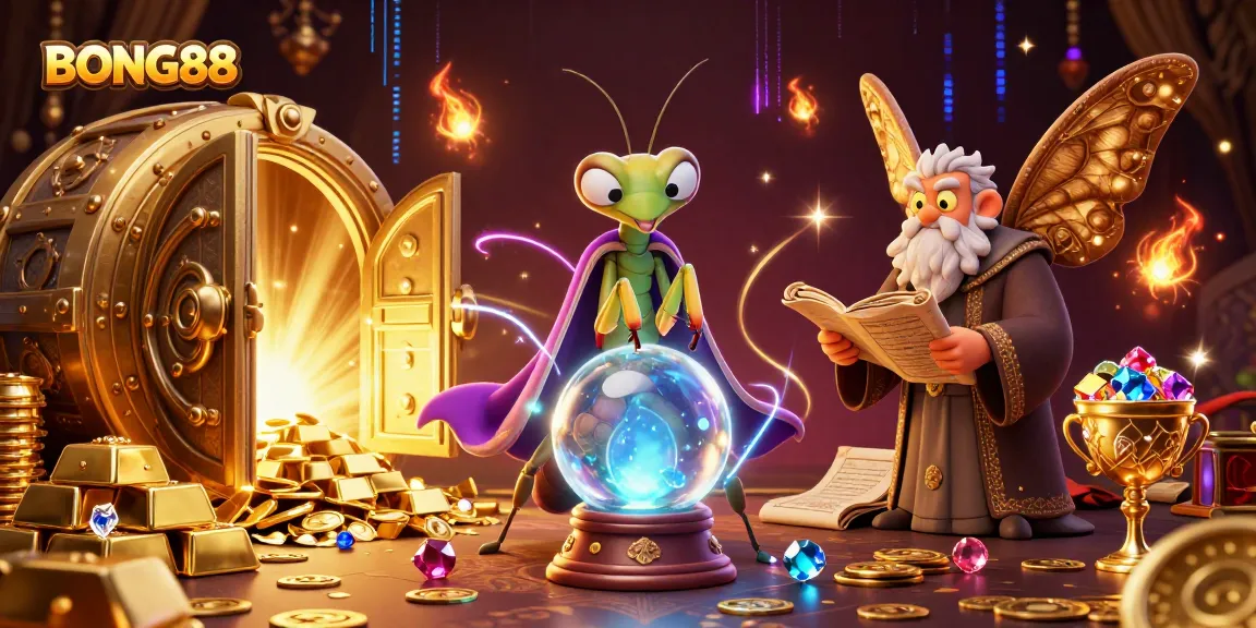 BONG88 players exploring vibrant casino treasures through a mystical scene with fortune teller and floating oracles.