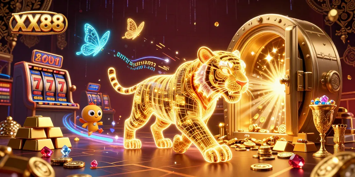 Experience winning strategies at XX88 with vibrant casino-themed 3D illustration featuring a golden tiger.