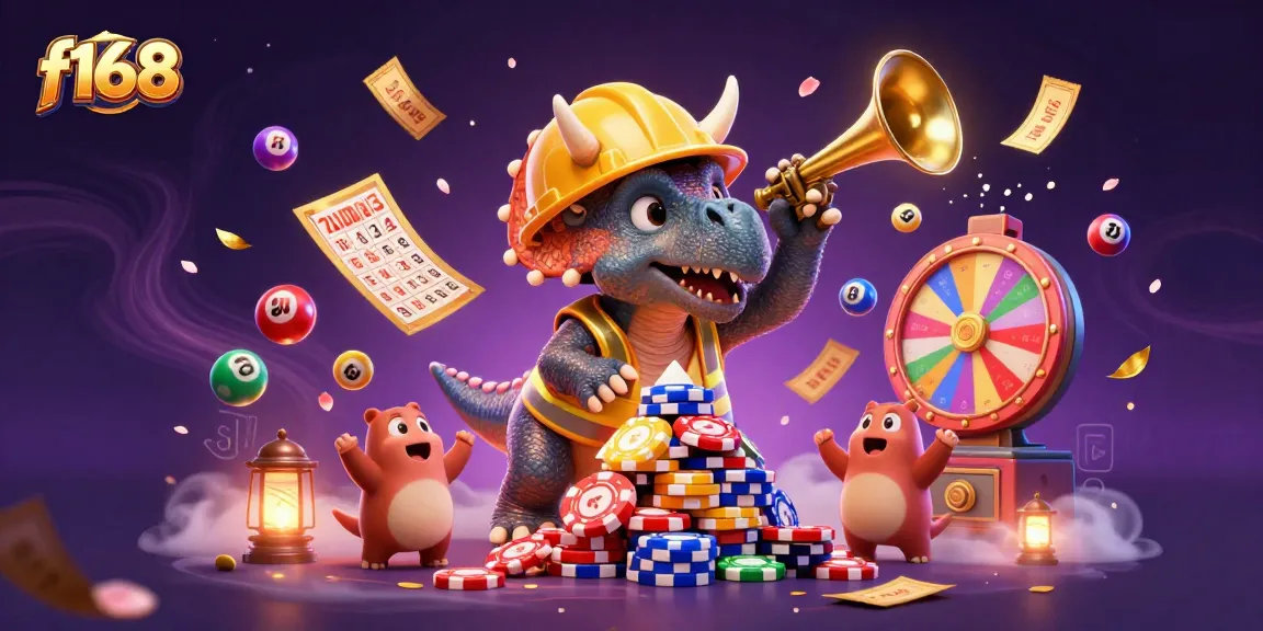Engage in thrilling games at f168 with a dynamic casino-themed illustration featuring colorful elements.