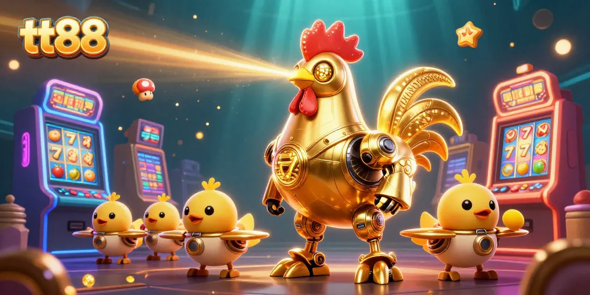 Engage with tt88 slots featuring a dynamic golden rooster robot and baby chick drones amidst jackpot symbols.