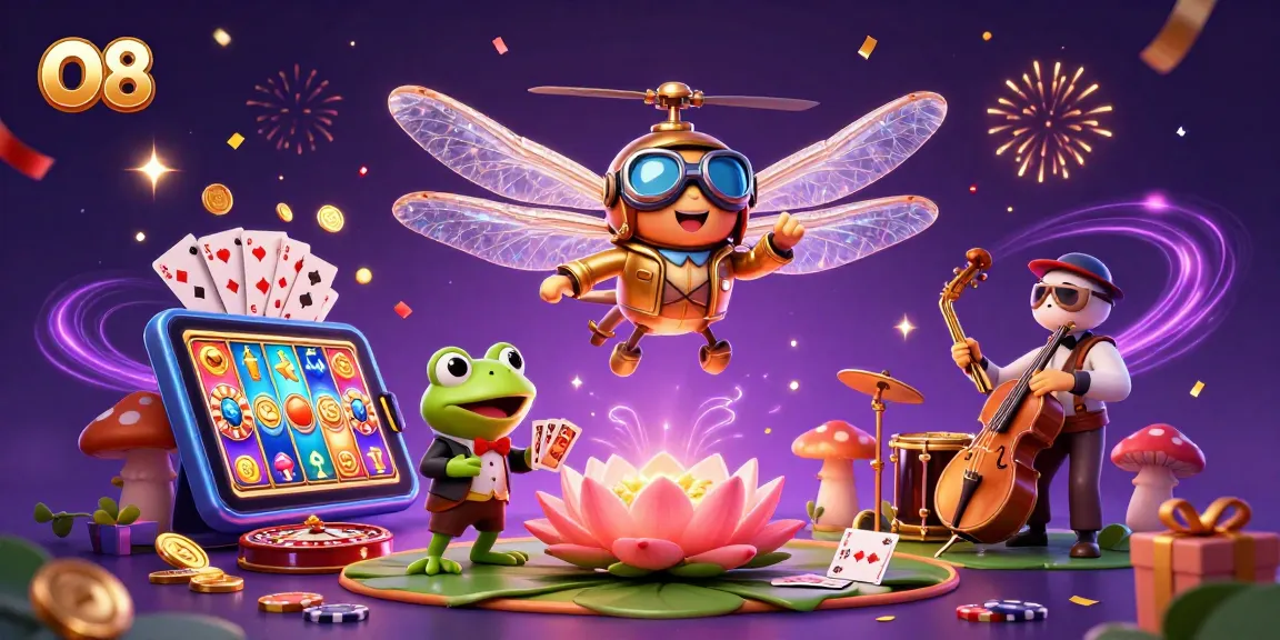 Spin the reels at O8's vibrant lily pad casino with our dragonfly pilot and frog croupier.