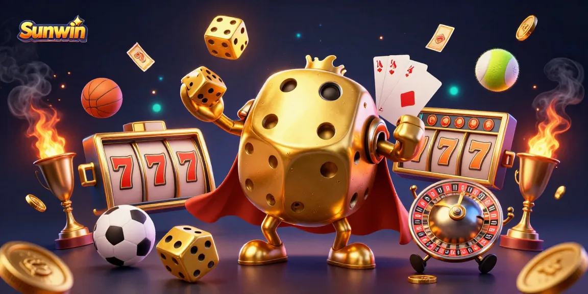 Sunwin showcases thrilling gaming with vibrant dice, sports balls, and dynamic casino elements.