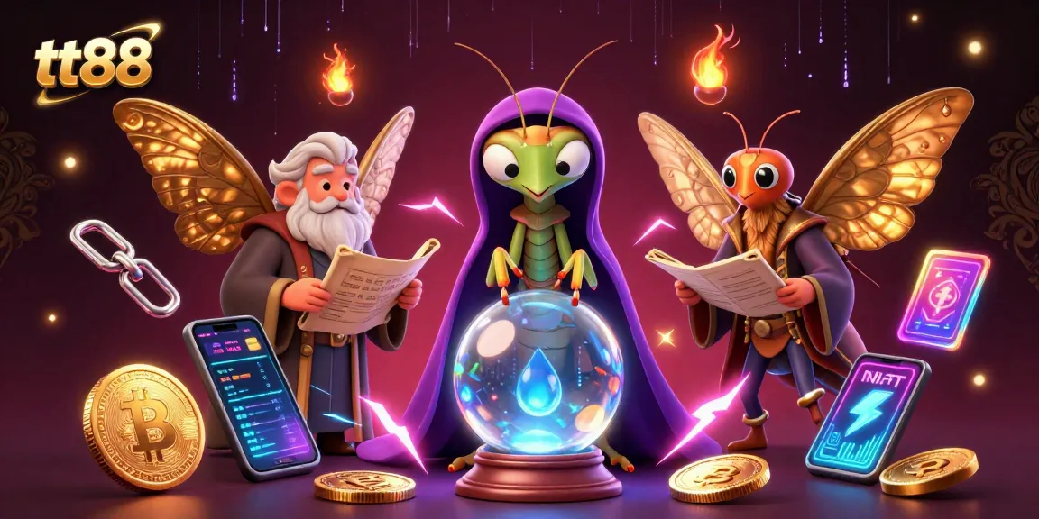 Win big at tt88 with vibrant gaming elements, featuring a mystical fortune teller and a wise moth librarian.