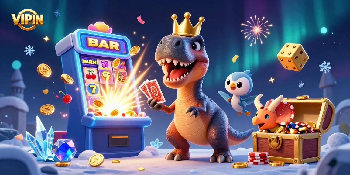 VIPWIN offers an exciting 3D cartoon casino scene with dinosaurs and a jackpot explosion, showcasing vibrant gaming action.