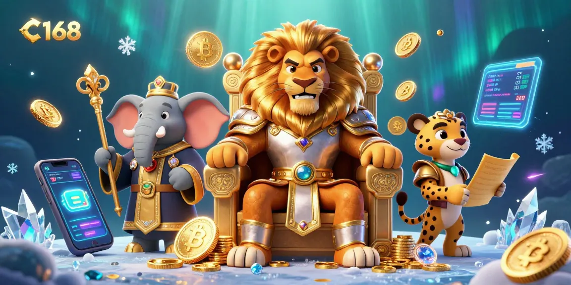 C168 showcases a vibrant casino scene with lion king and blockchain elements for dynamic gaming.