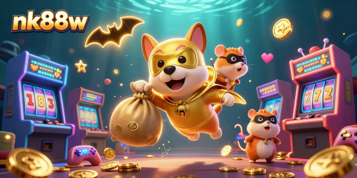 Join the action at nk88w with a superhero dog soaring over a dynamic casino scene filled with slots and glittering gold.