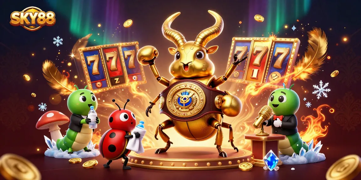 Engage with SKY88 in a vibrant casino battle scene featuring a golden beetle champion.
