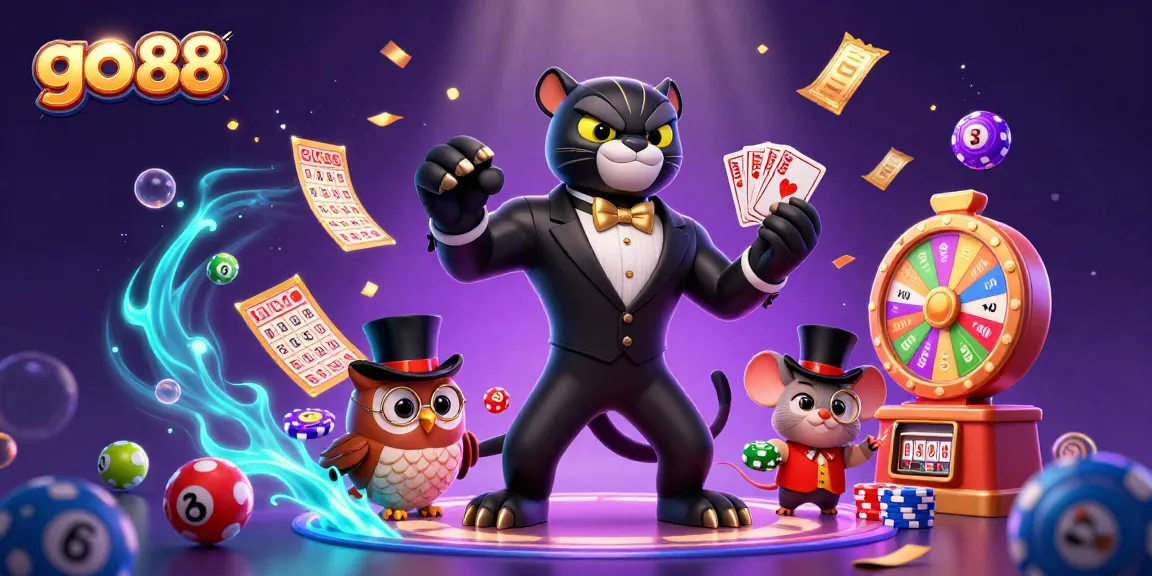 Engage with go 88 in this vibrant 3D illustration featuring a stylish panther, a wise owl, and a lucky mouse in a lively casino scene.