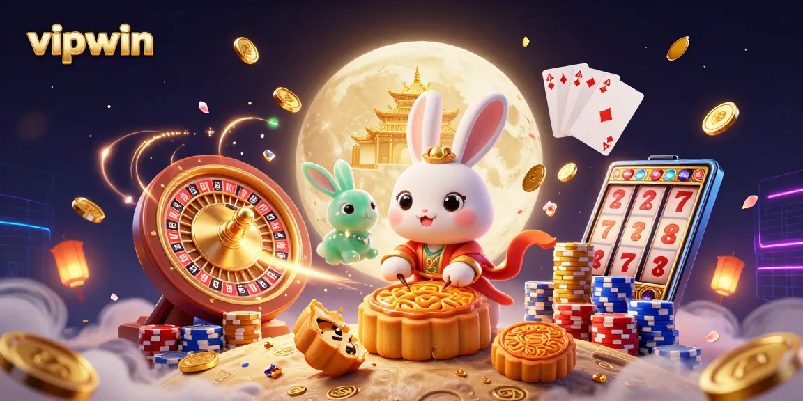 Engage in vibrant gameplay with vipwin as a moon rabbit reveals poker chips among golden treasures.