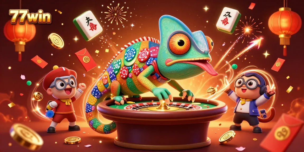 Experience the excitement of 77win's vibrant casino scene with a colorful chameleon casino owner capturing golden coins.