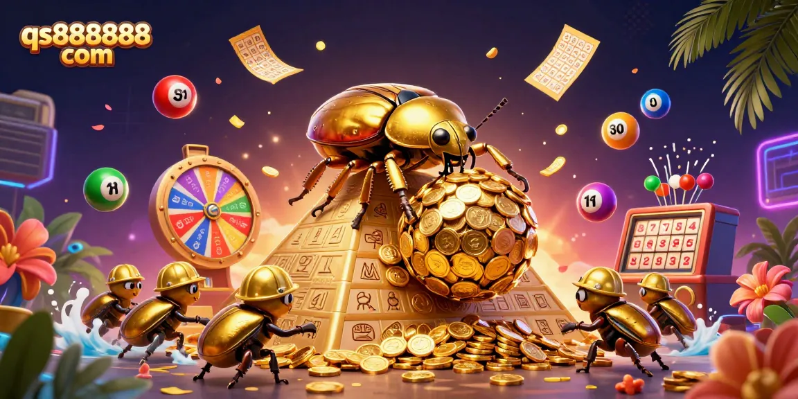 Experience excitement at qs888888 com, where golden beetles roll coins amid vibrant casino elements.