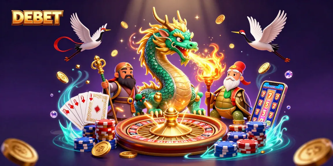 Experience the thrill of DEBET with a vibrant 3D casino scene featuring a jade dragon, turtle sage, and more.