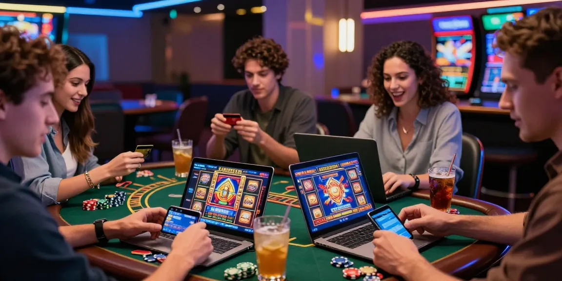 Engaging online casino gaming scene at https://ccrm.org.uk/ with friends interacting around digital devices showcasing popular games and slot titles.
