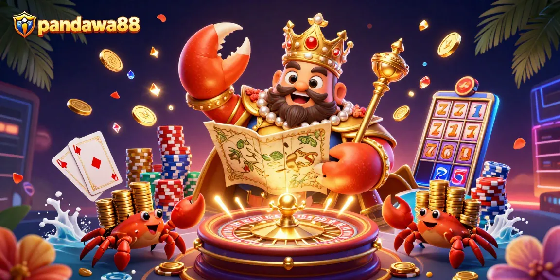 Pandawa88 showcases a vibrant scene with a golden crab emperor amidst casino elements and treasures.