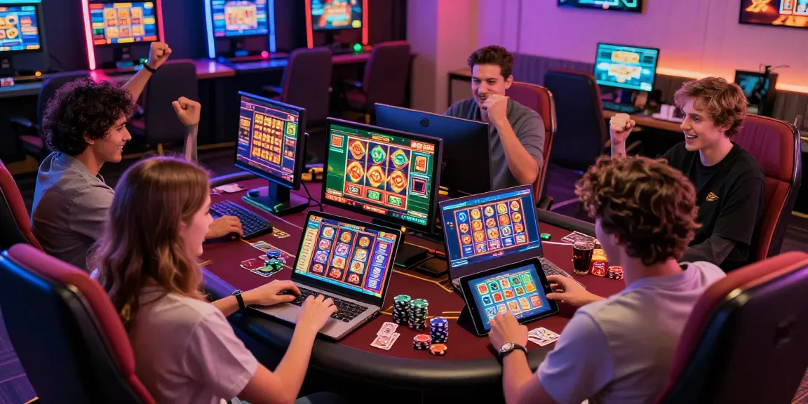 Players enjoying a lively gaming experience with non UK casinos on laptops and tablets, celebrating wins and exploring vibrant game options.