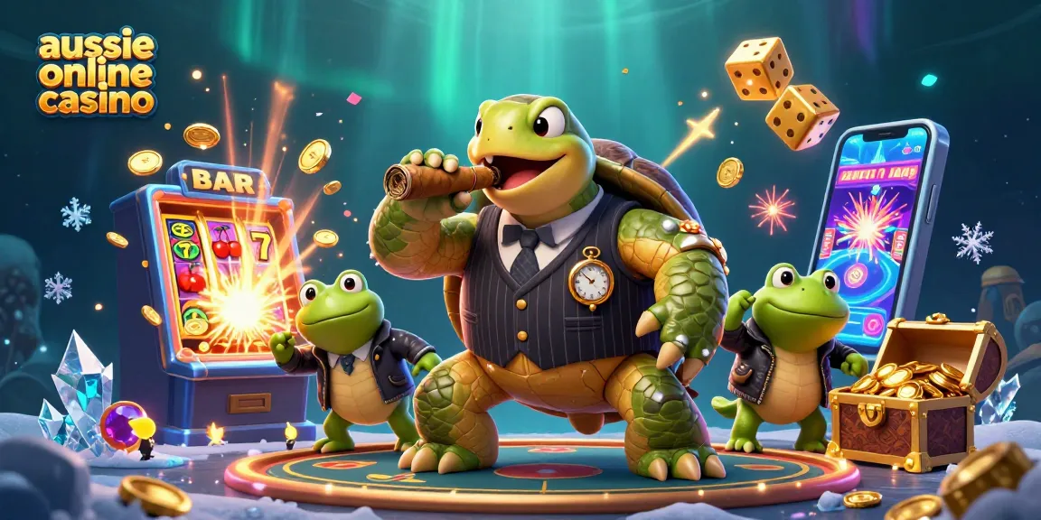 Aussie online casino scene featuring a massive snapping turtle in a mobster suit with slot symbols and gold coins.