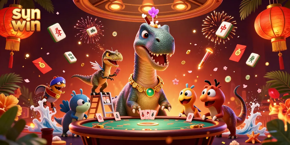Engage in sun win casino games with a brontosaurus and raptor dealing cards in a vibrant gaming scene.