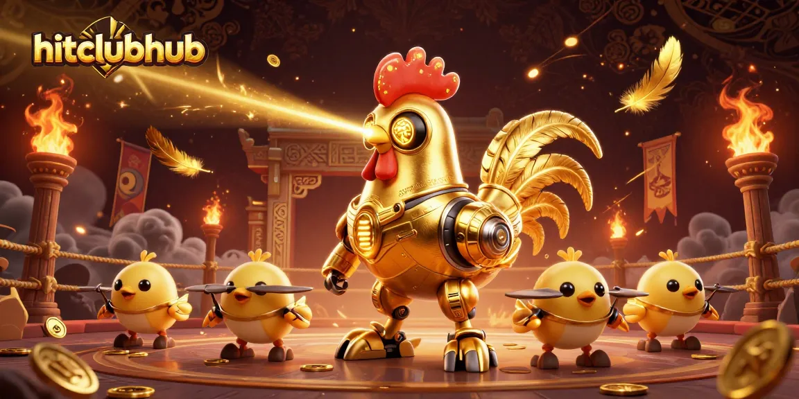 Engage in the adventure of hitclubhub with the golden rooster robot and mini drones amidst vibrant casino elements.